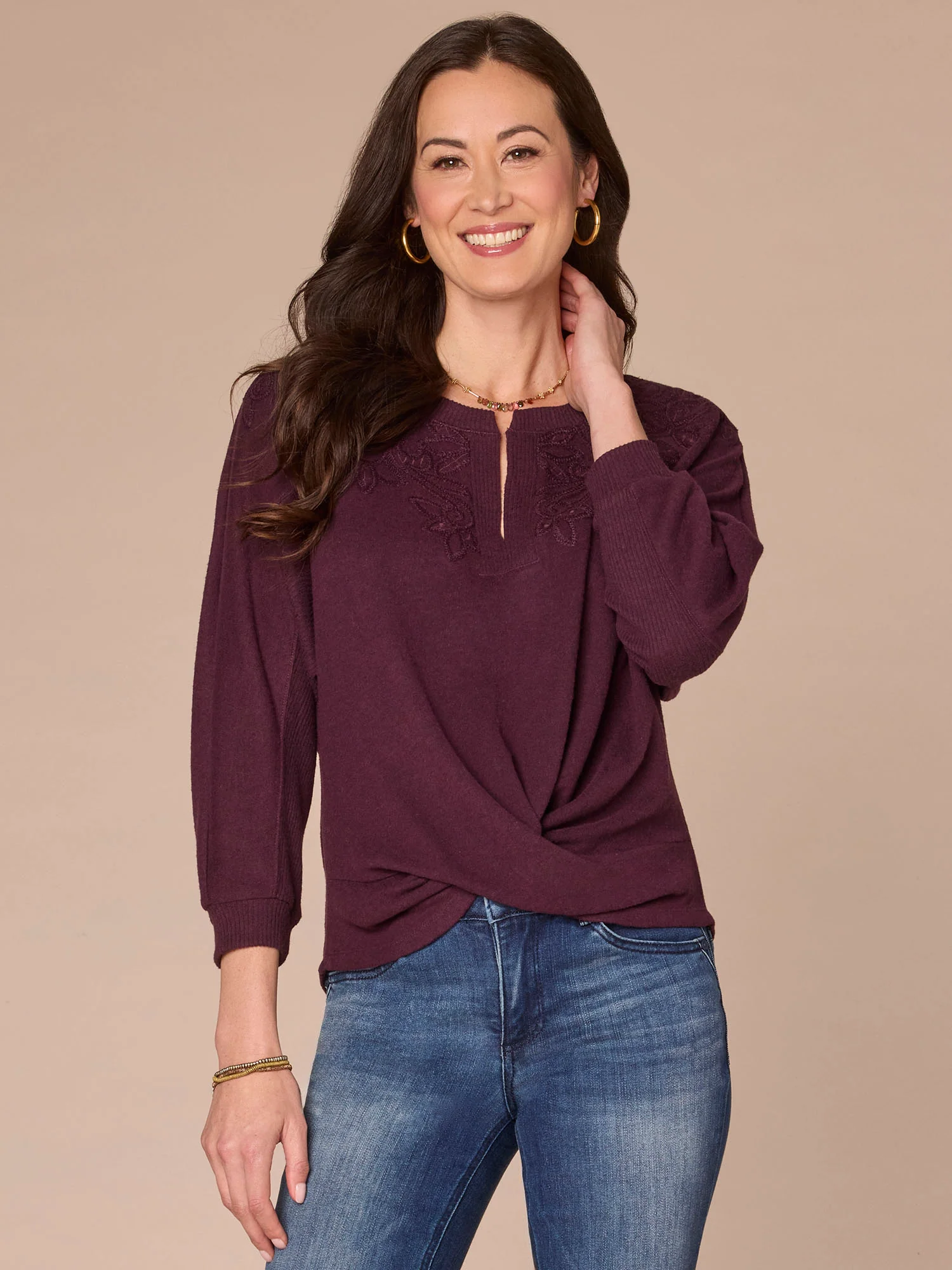 Three Quarter Sleeve Mandarin Collar Twist Hem Petite Knit Top - Image 5