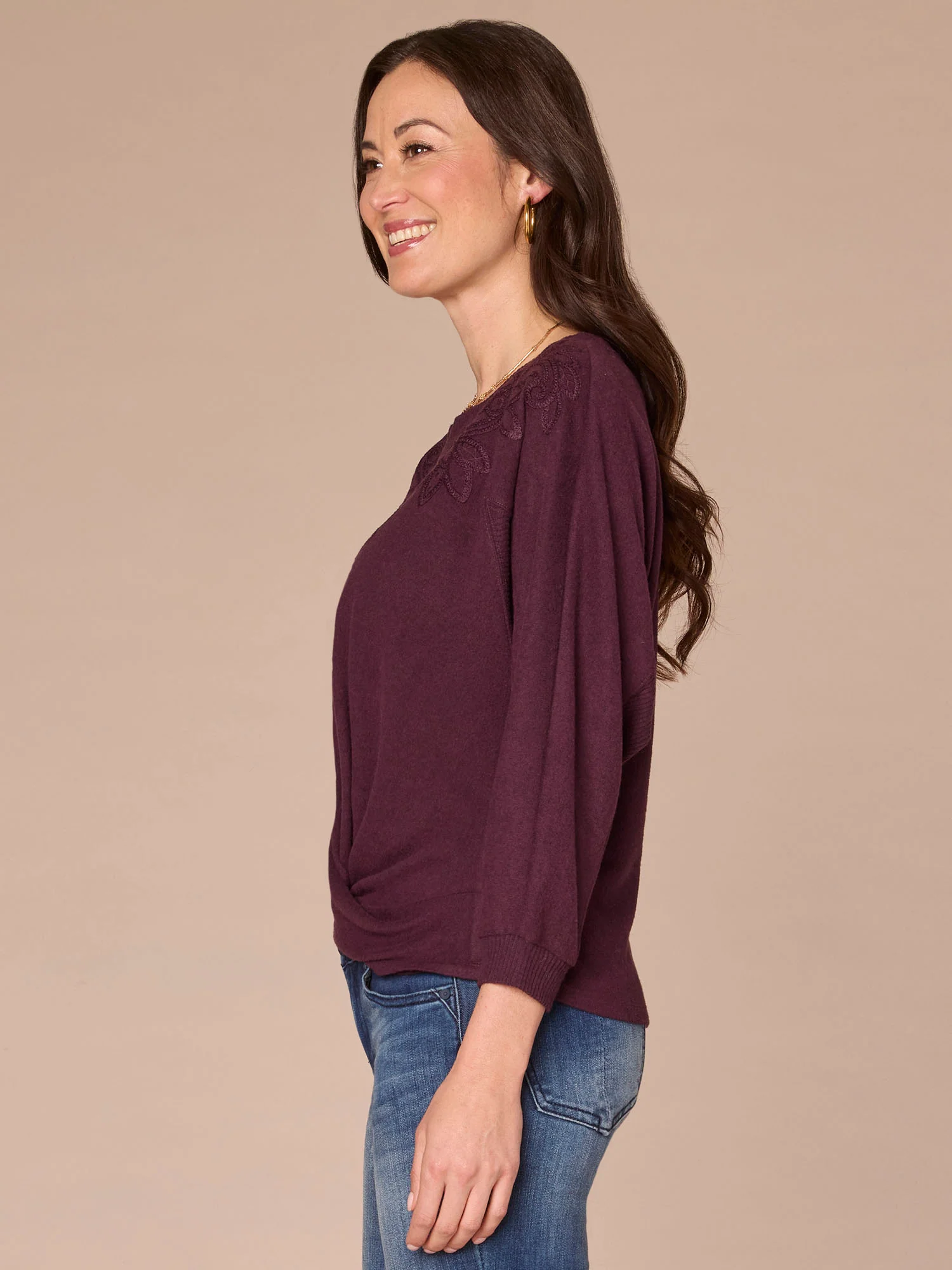 Three Quarter Sleeve Mandarin Collar Twist Hem Petite Knit Top - Image 6