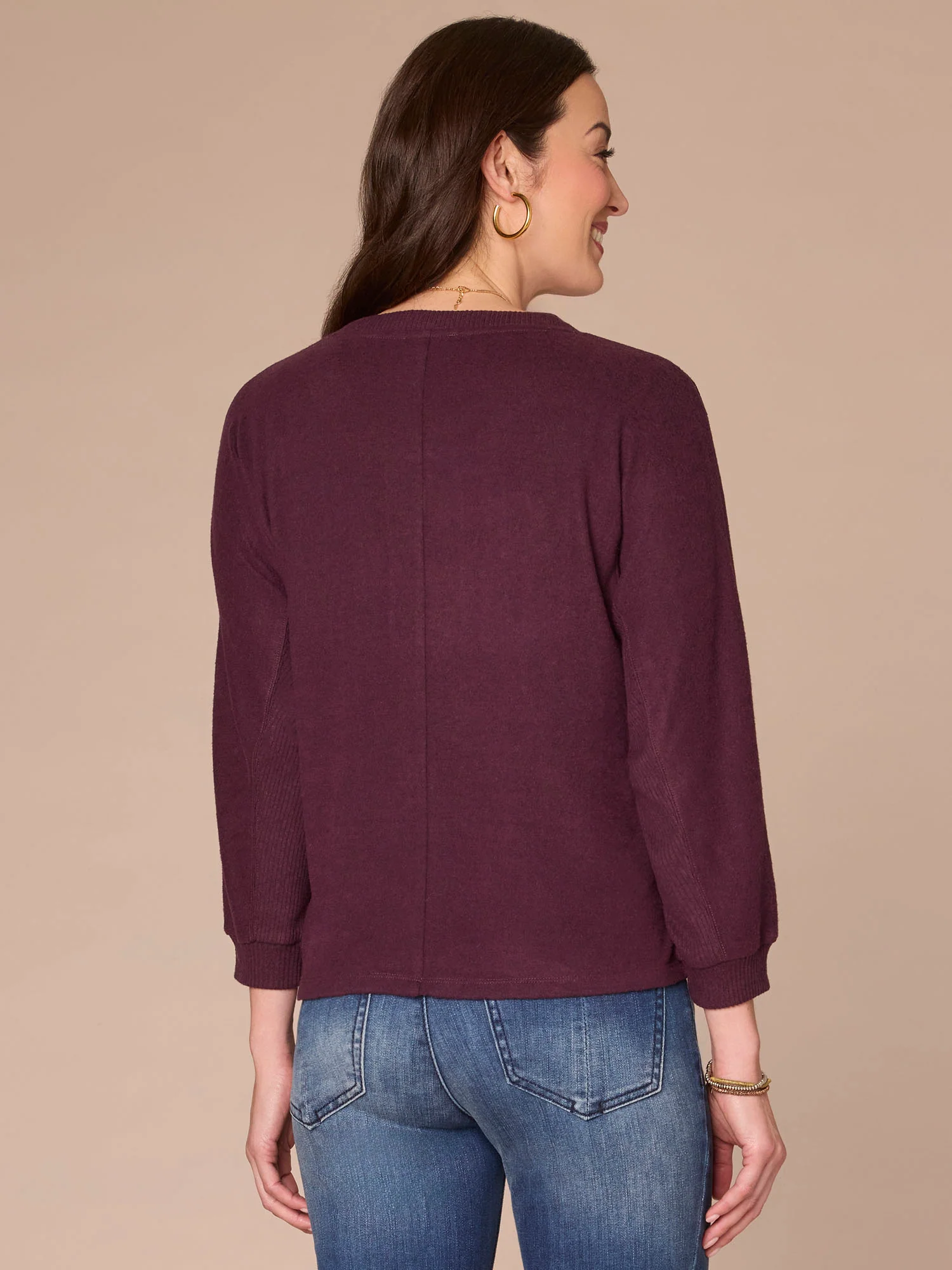 Three Quarter Sleeve Mandarin Collar Twist Hem Petite Knit Top - Image 7