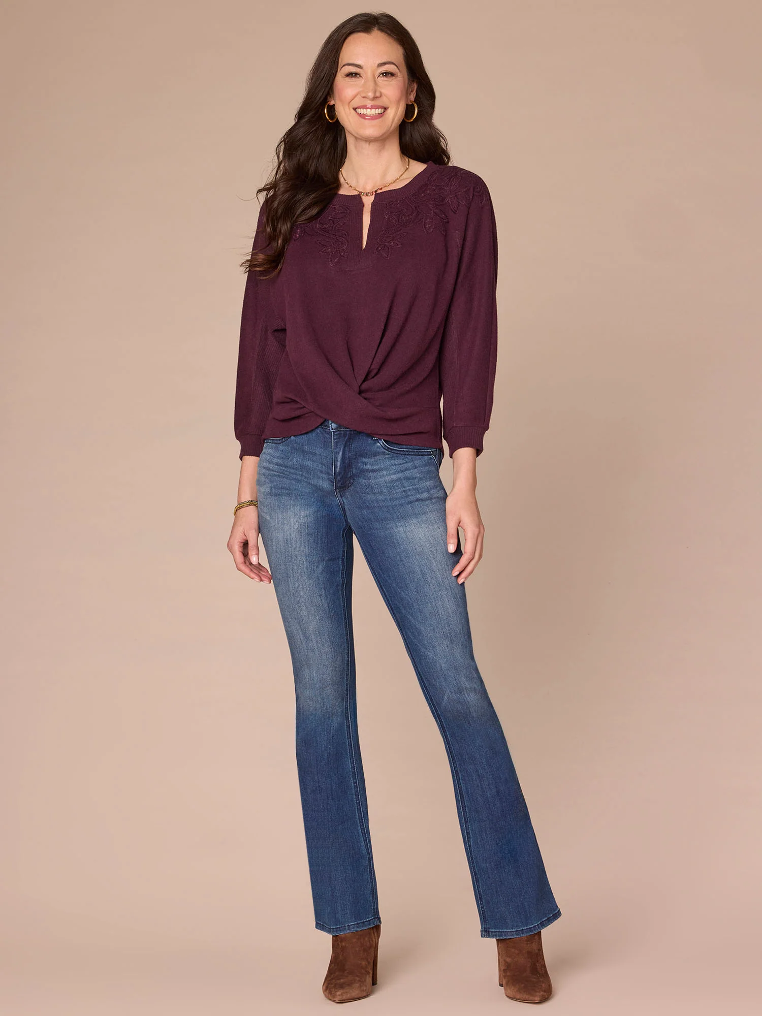 Three Quarter Sleeve Mandarin Collar Twist Hem Petite Knit Top - Image 8