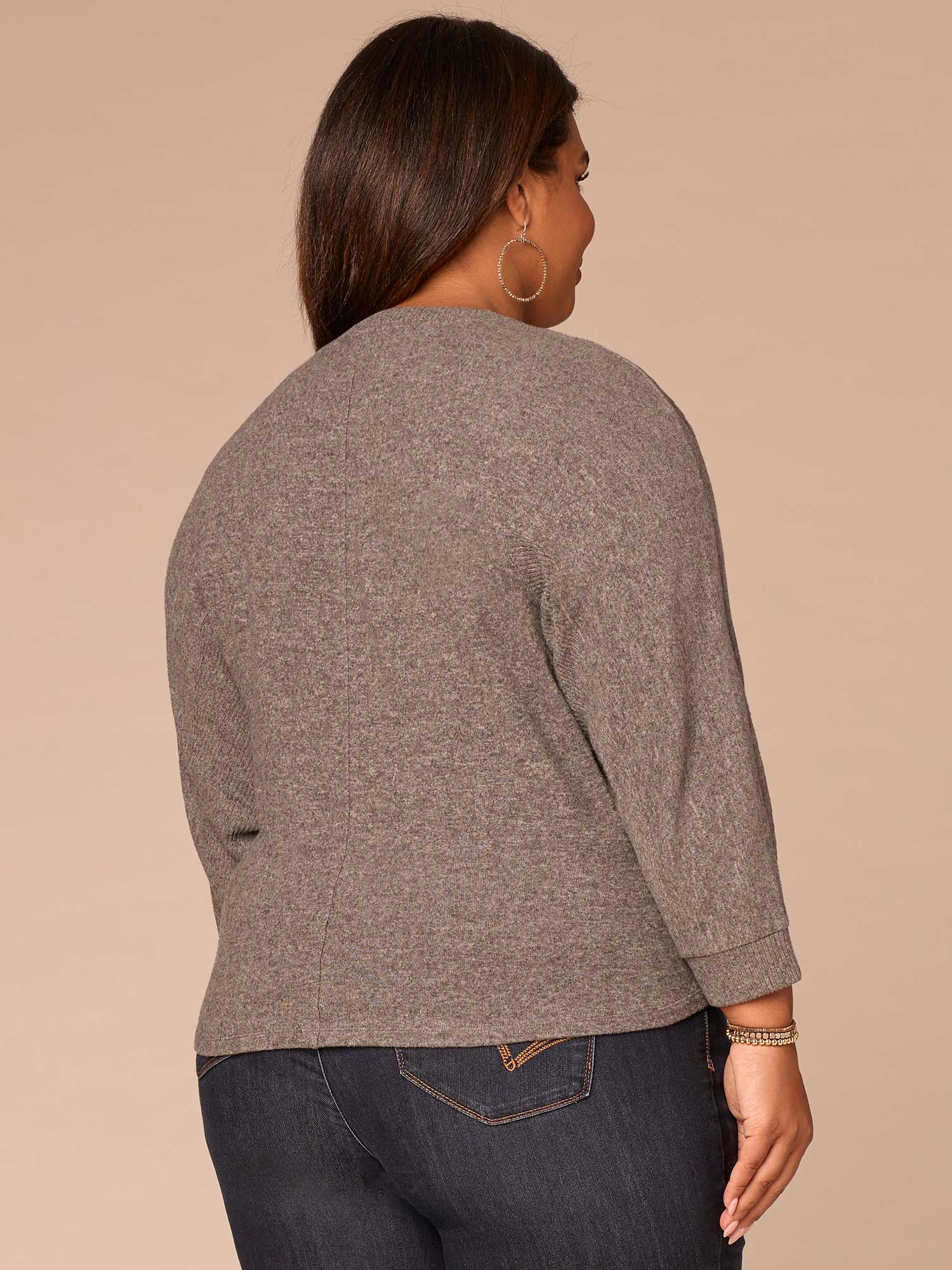 Three Quarter Sleeve Mandarin Collar Twist Hem Plus Size Knit Top - Image 4