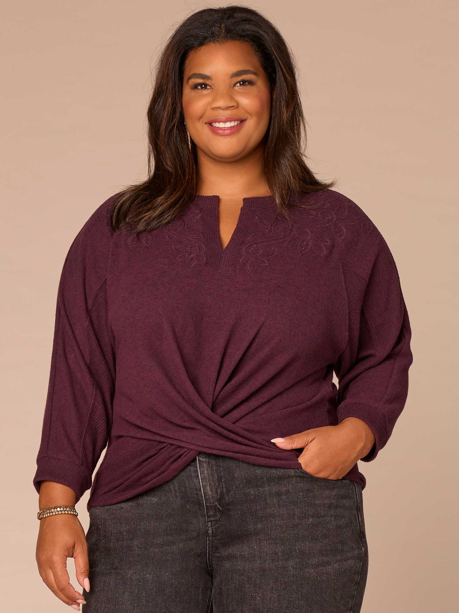 Three Quarter Sleeve Mandarin Collar Twist Hem Plus Size Knit Top - Image 5
