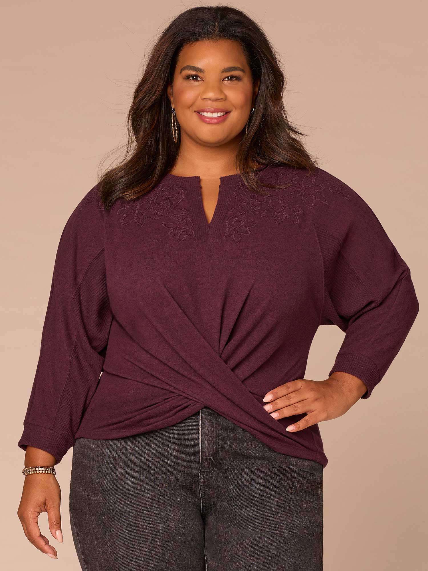 Three Quarter Sleeve Mandarin Collar Twist Hem Plus Size Knit Top - Image 7