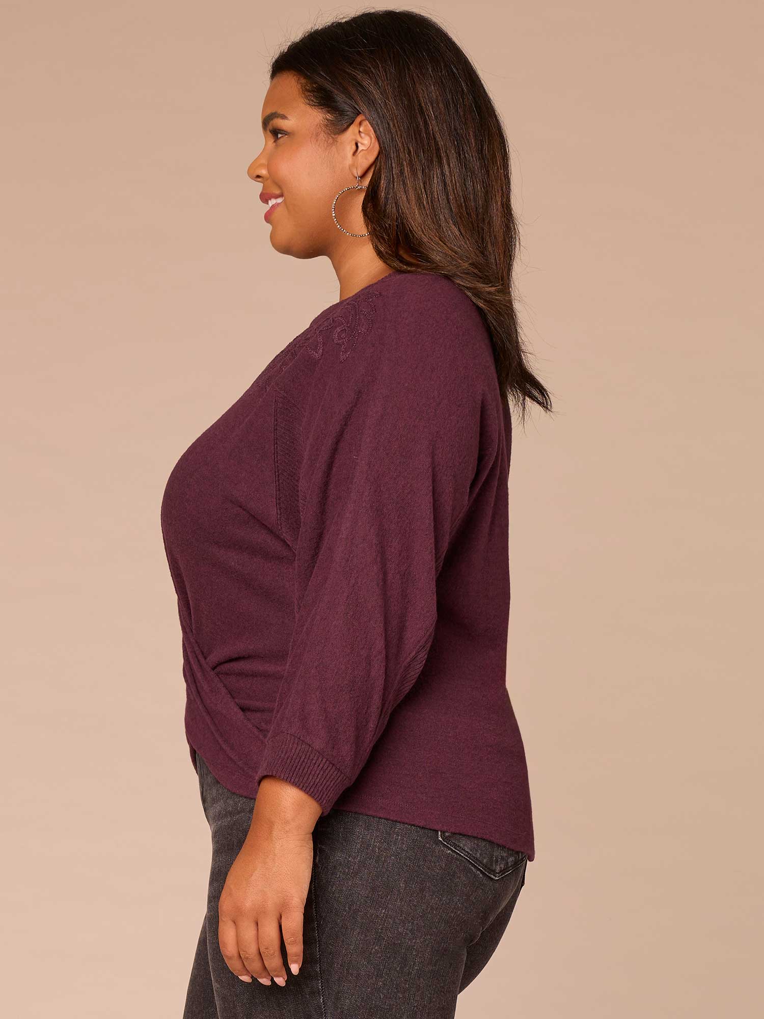 Three Quarter Sleeve Mandarin Collar Twist Hem Plus Size Knit Top - Image 8