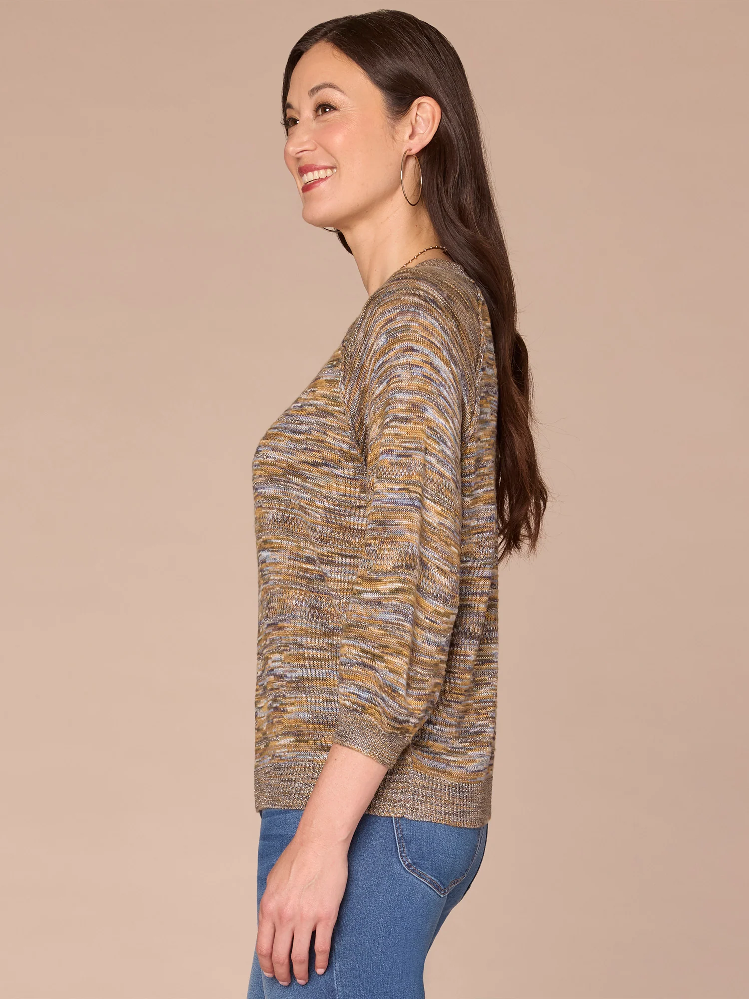 Three Quarter Sleeve Round Neck Metallic Space Dye Plus Size Sweater - Image 3