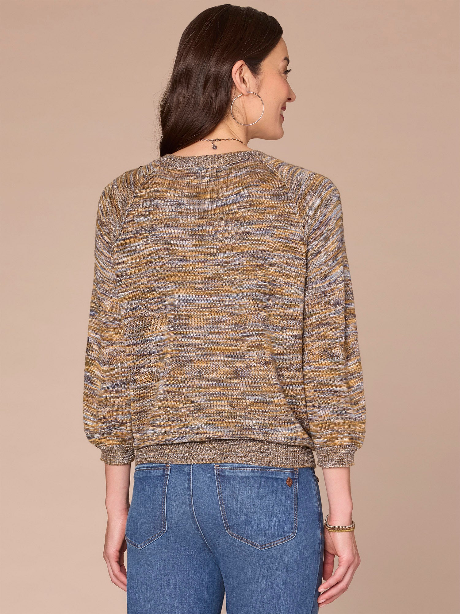 Three Quarter Sleeve Round Neck Metallic Space Dye Plus Size Sweater - Image 4