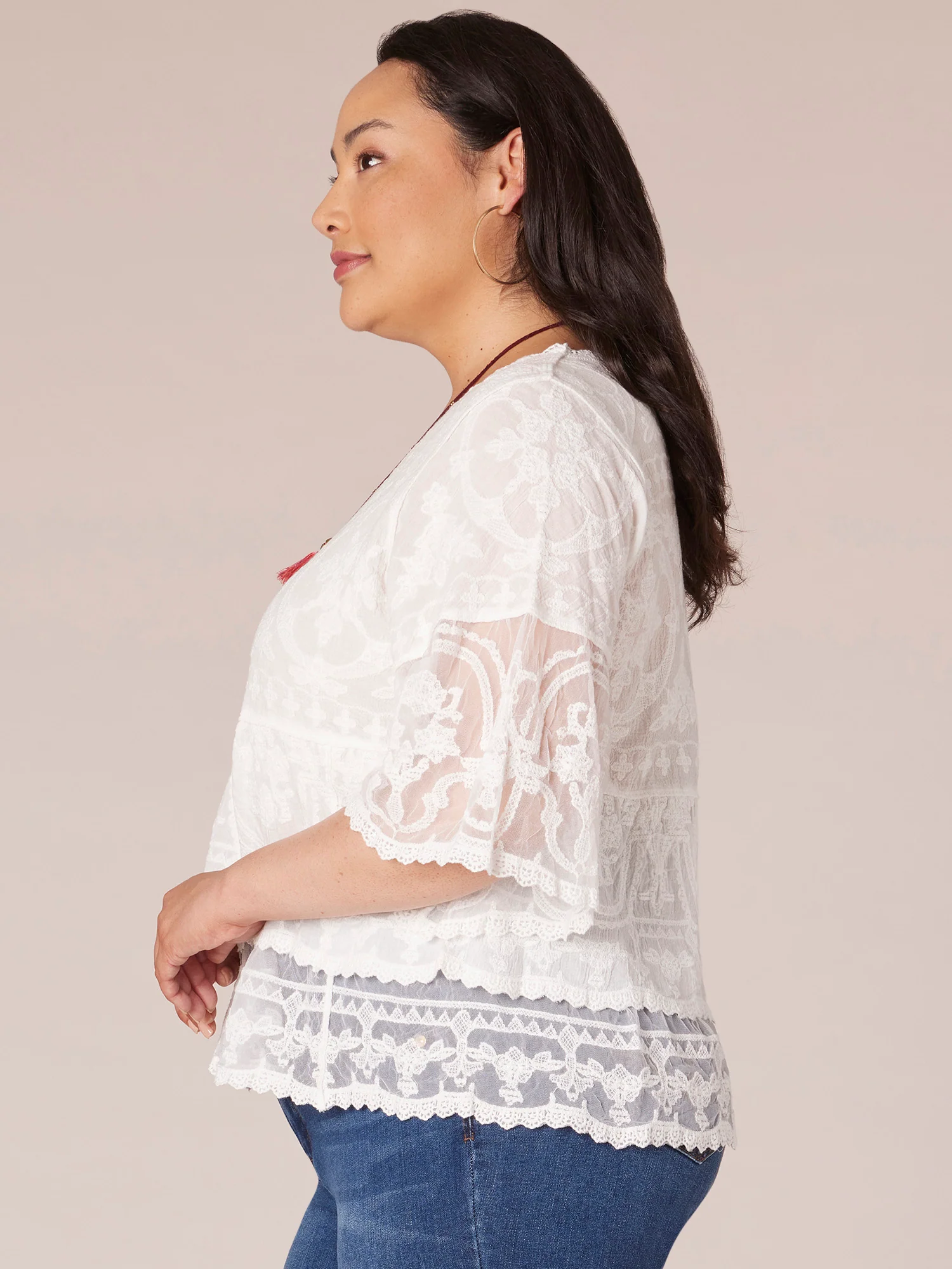 Three Quarter Sleeve Scoop Neck Peplum Plus Size Woven Top - Image 10