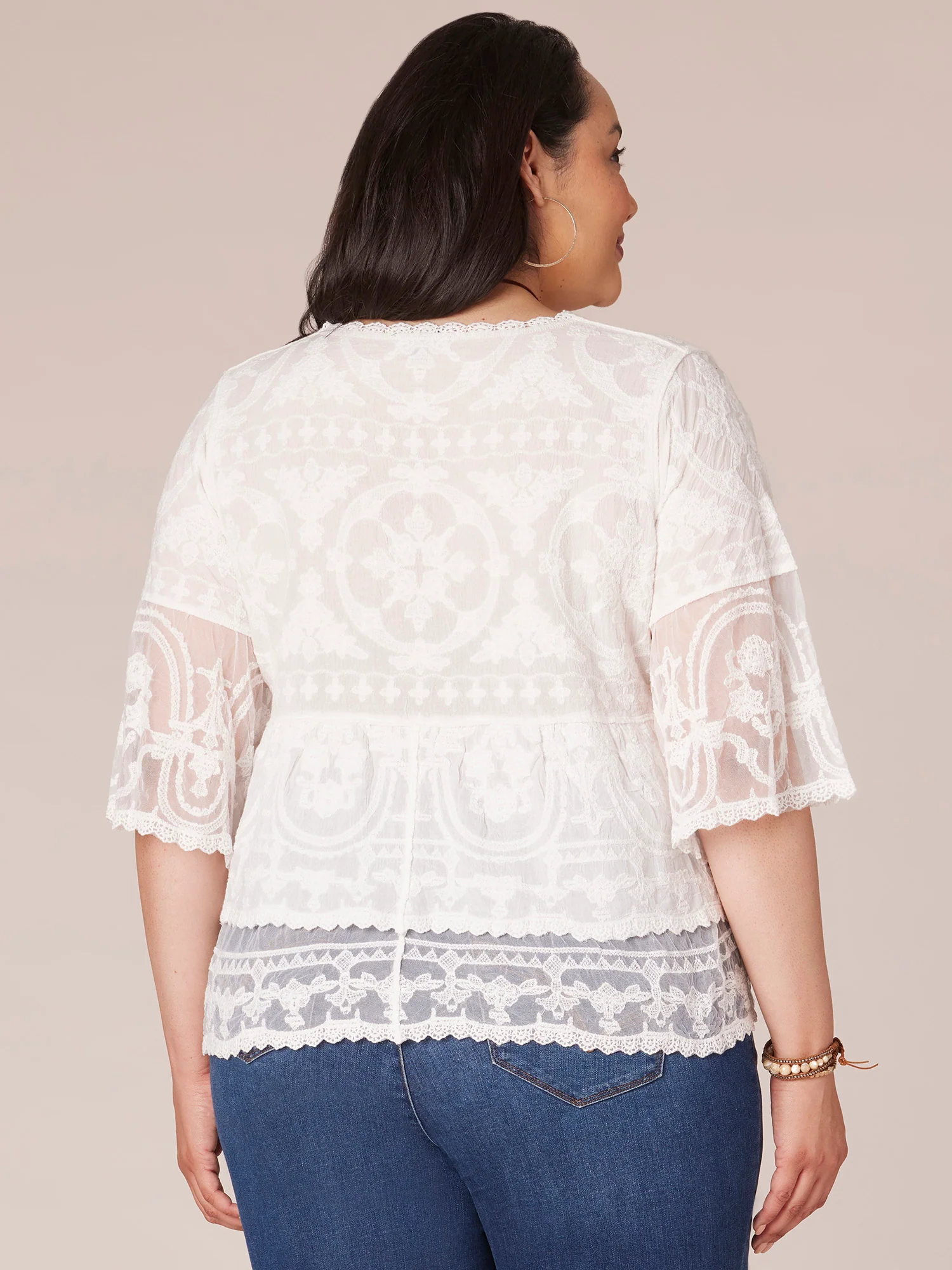 Three Quarter Sleeve Scoop Neck Peplum Plus Size Woven Top - Image 11