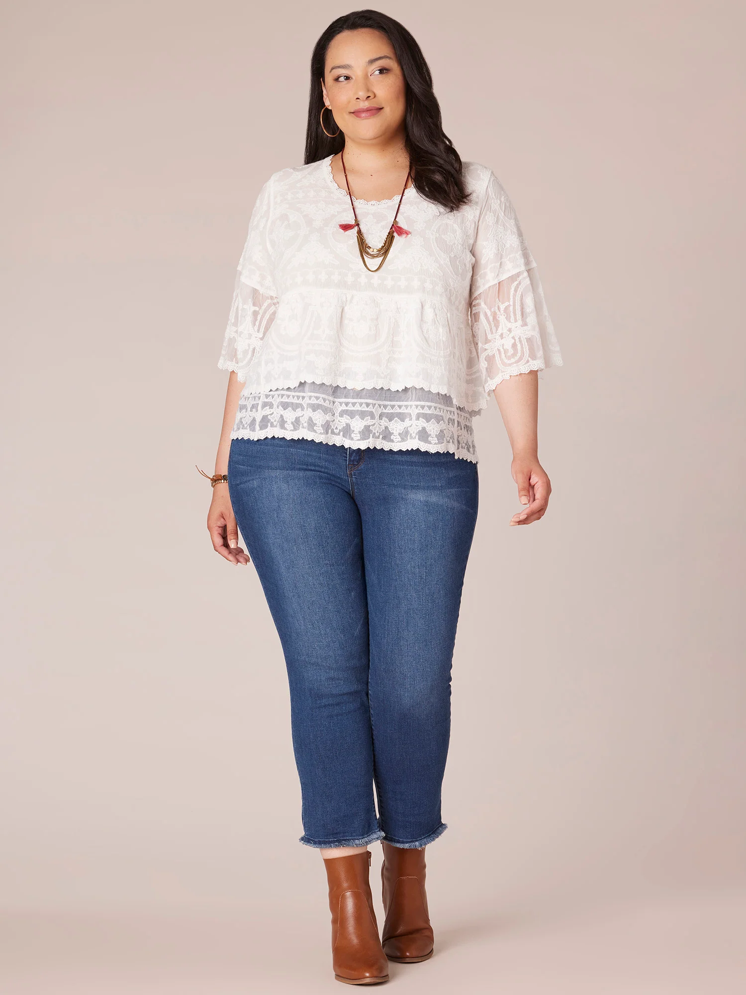 Three Quarter Sleeve Scoop Neck Peplum Plus Size Woven Top - Image 12
