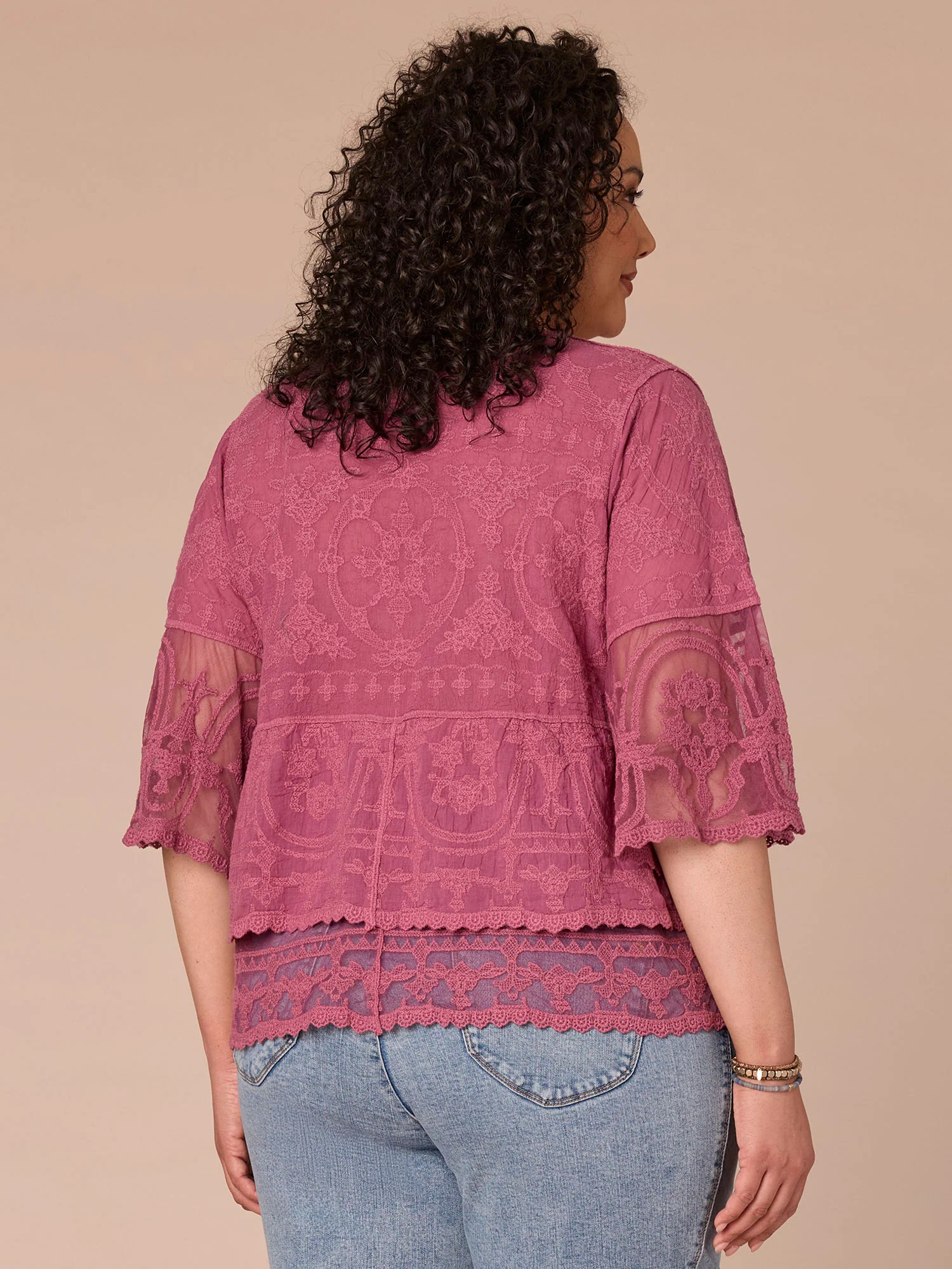 Three Quarter Sleeve Scoop Neck Peplum Plus Size Woven Top - Image 3