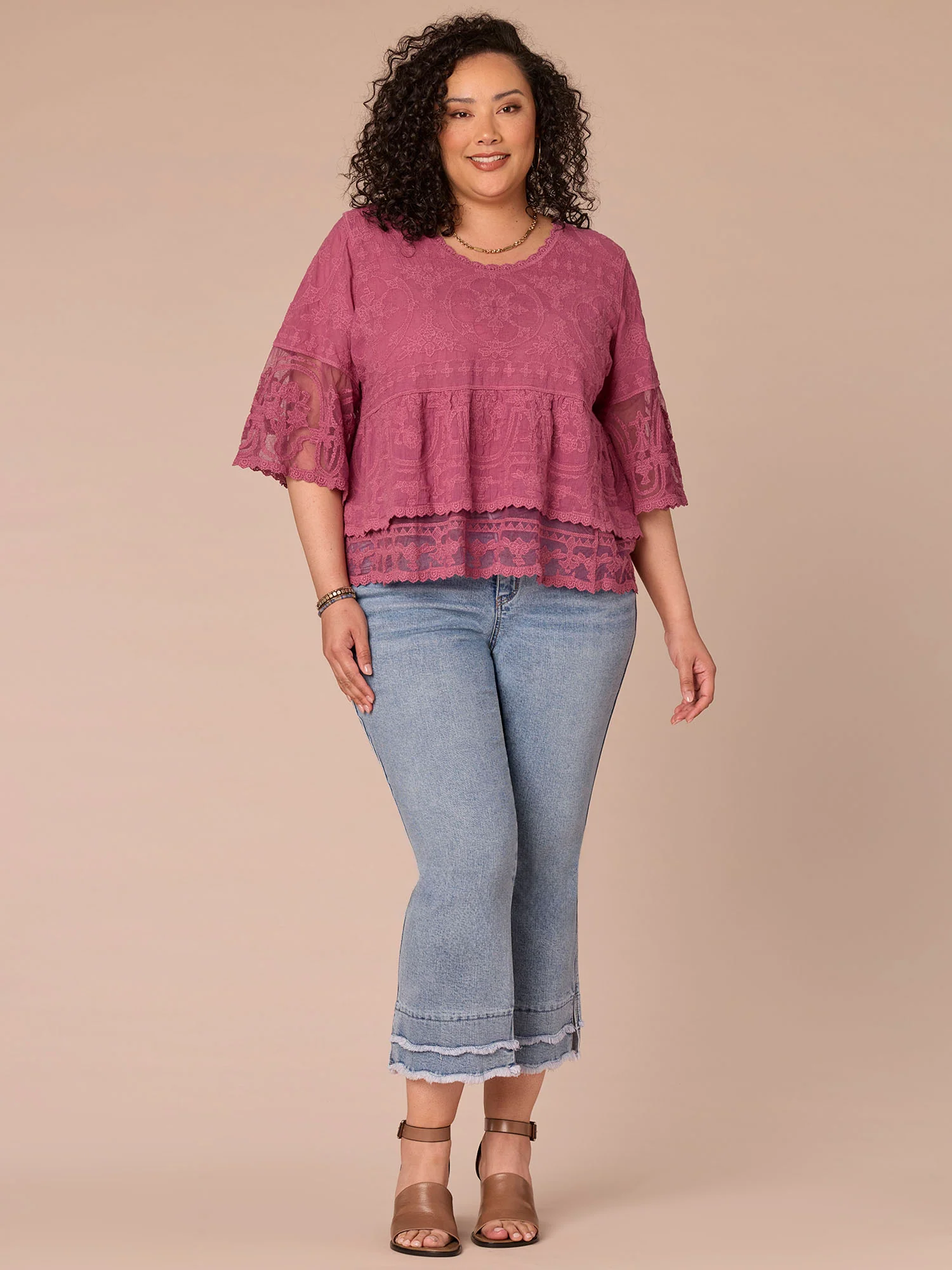 Three Quarter Sleeve Scoop Neck Peplum Plus Size Woven Top - Image 4