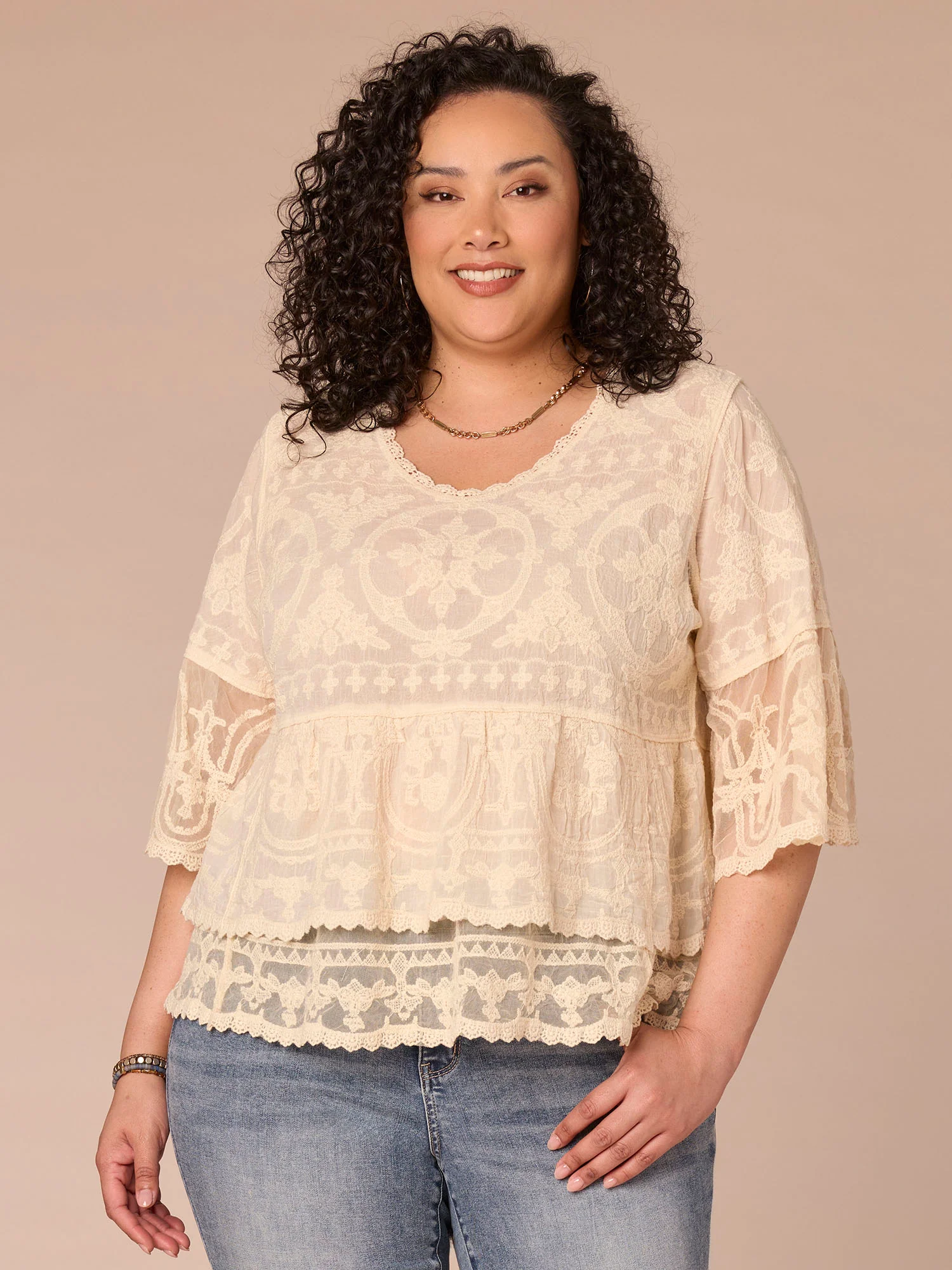 Three Quarter Sleeve Scoop Neck Peplum Plus Size Woven Top - Image 5