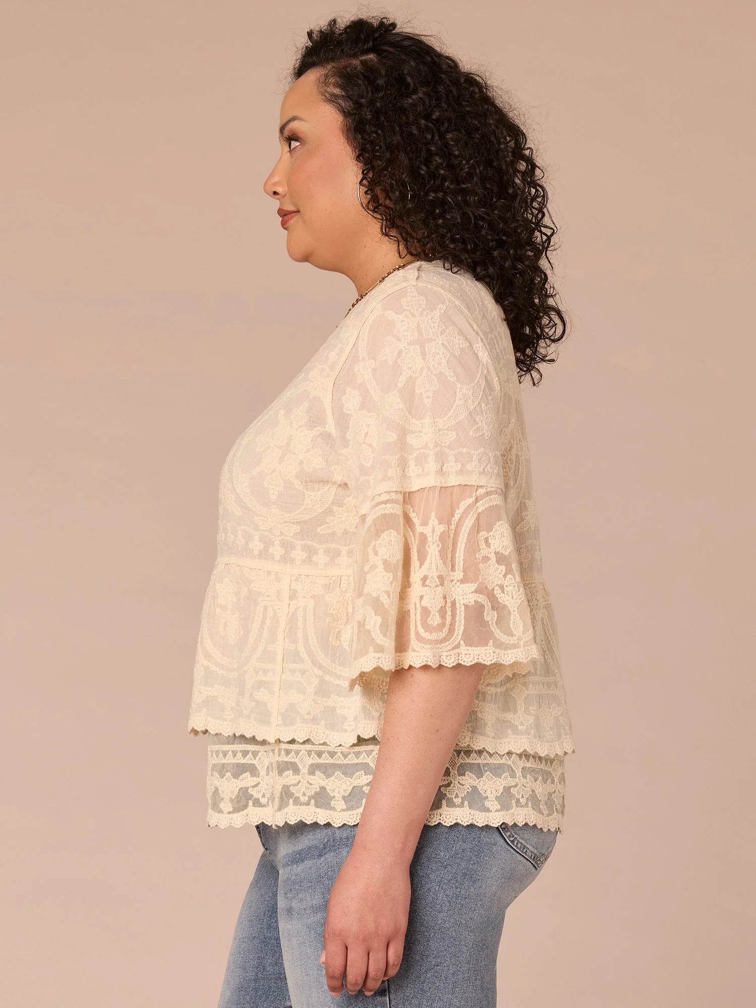 Three Quarter Sleeve Scoop Neck Peplum Plus Size Woven Top - Image 6