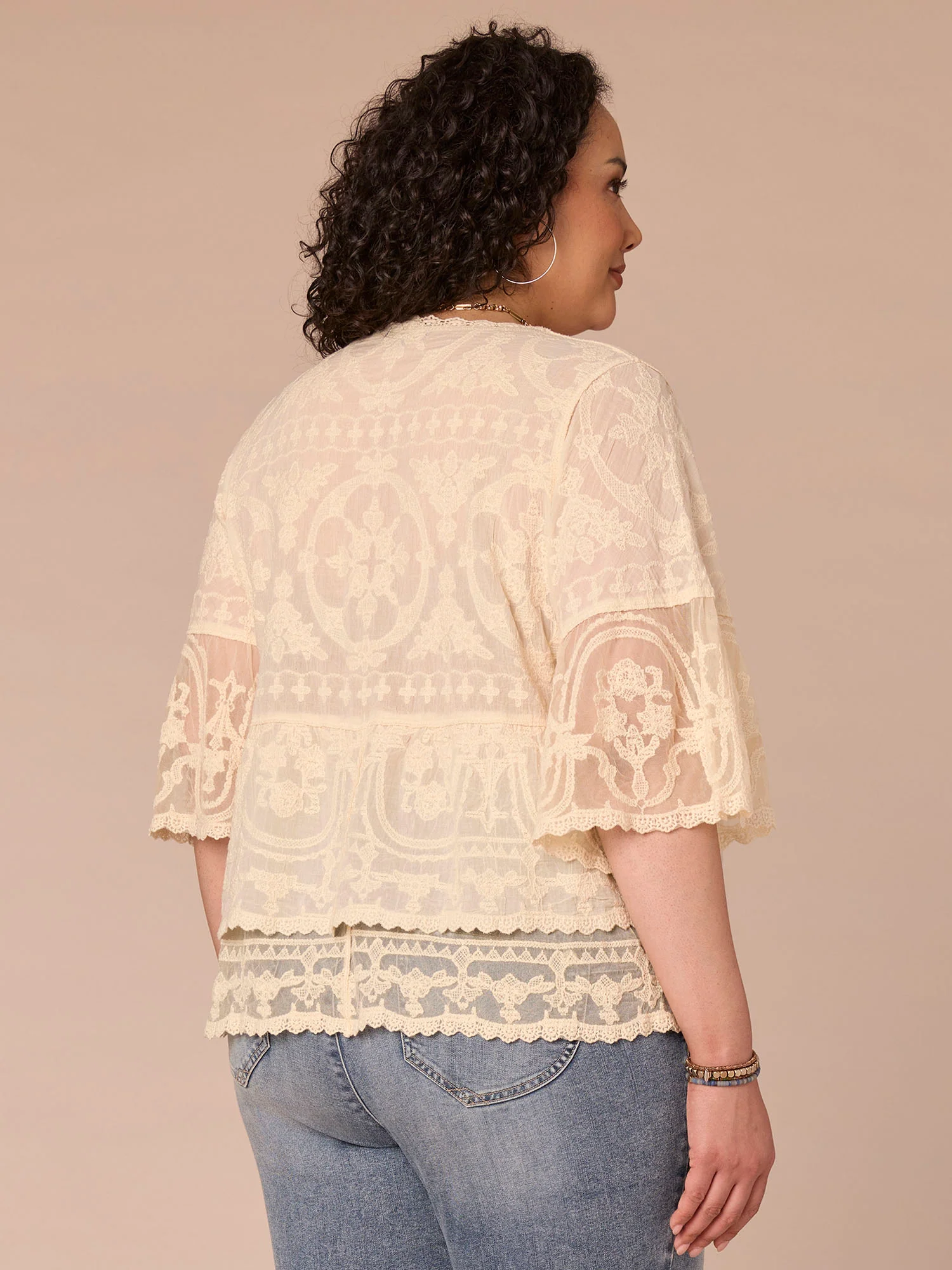 Three Quarter Sleeve Scoop Neck Peplum Plus Size Woven Top - Image 7