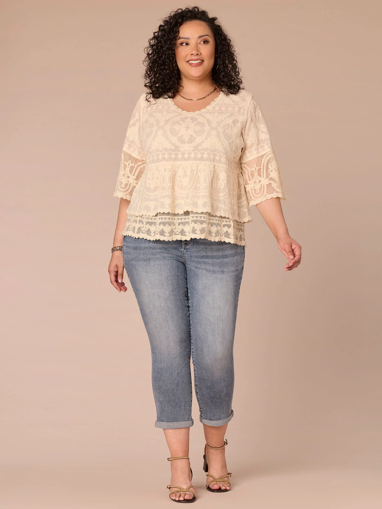 Three Quarter Sleeve Scoop Neck Peplum Plus Size Woven Top - Image 8