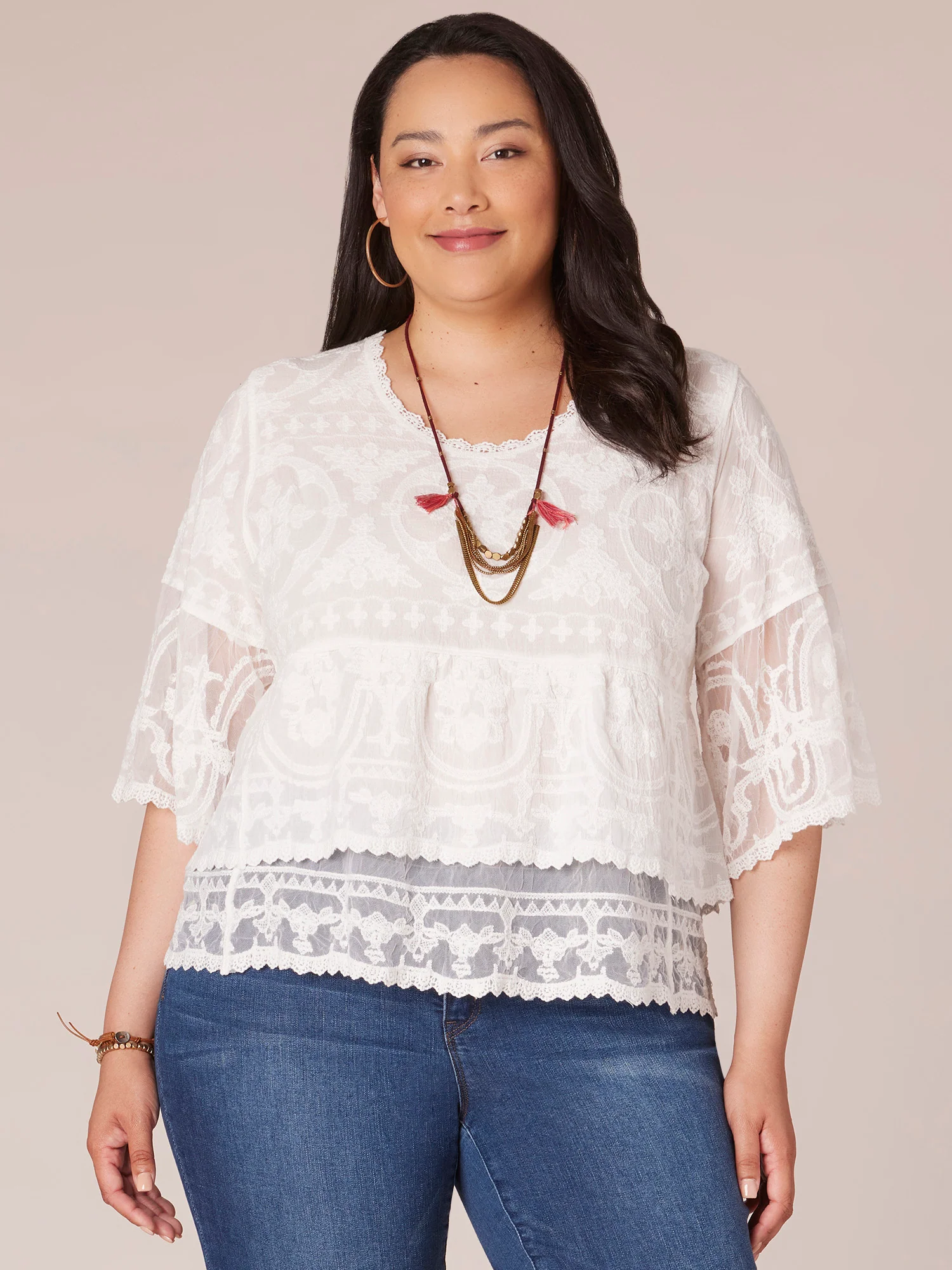 Three Quarter Sleeve Scoop Neck Peplum Plus Size Woven Top - Image 9