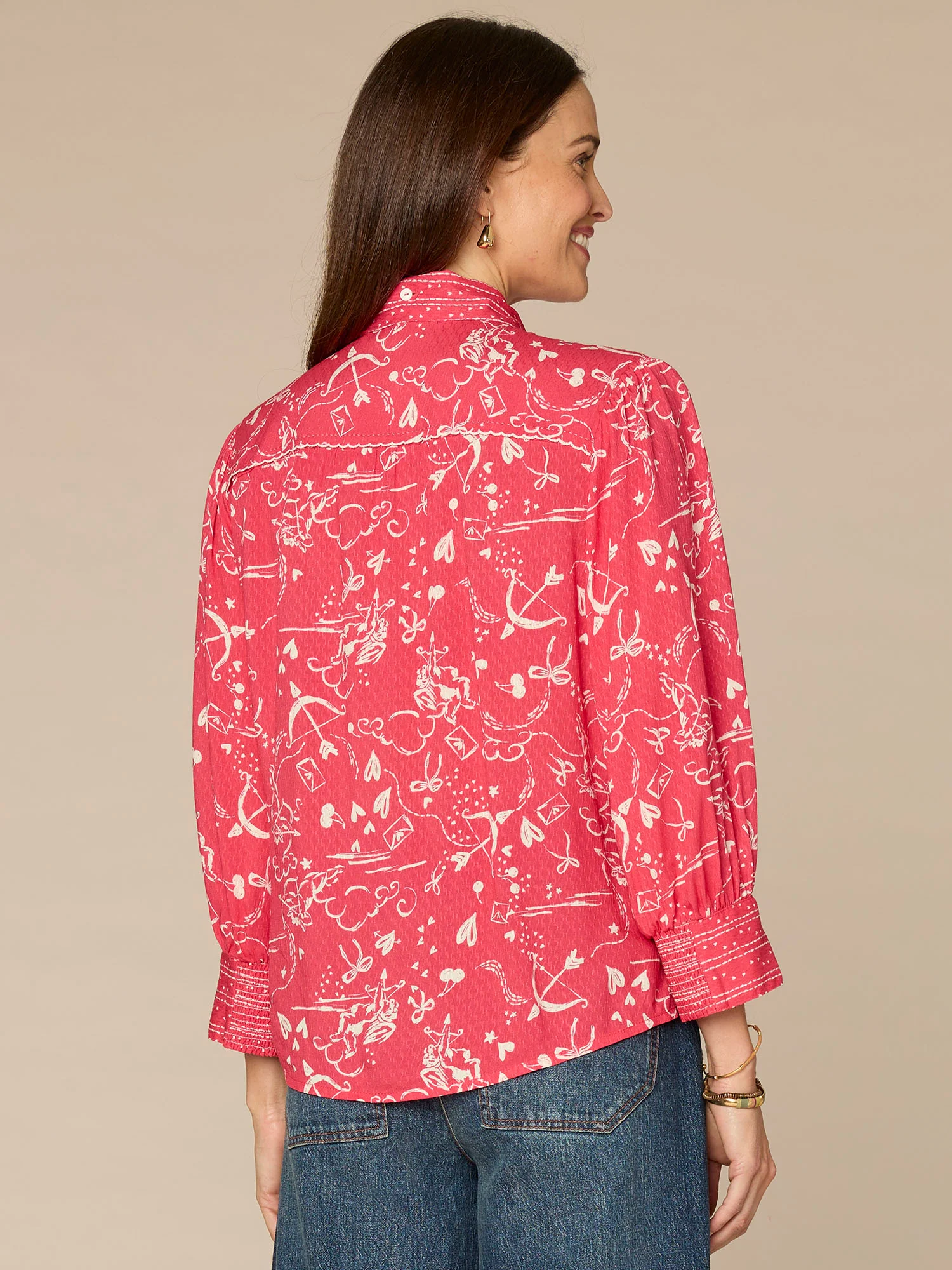 Three Quarter Sleeve Self Tie Button Down Scallop Edge Woven Shirt - Image 3
