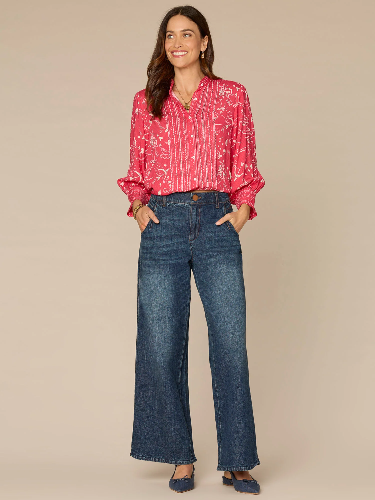 Three Quarter Sleeve Self Tie Button Down Scallop Edge Woven Shirt - Image 4